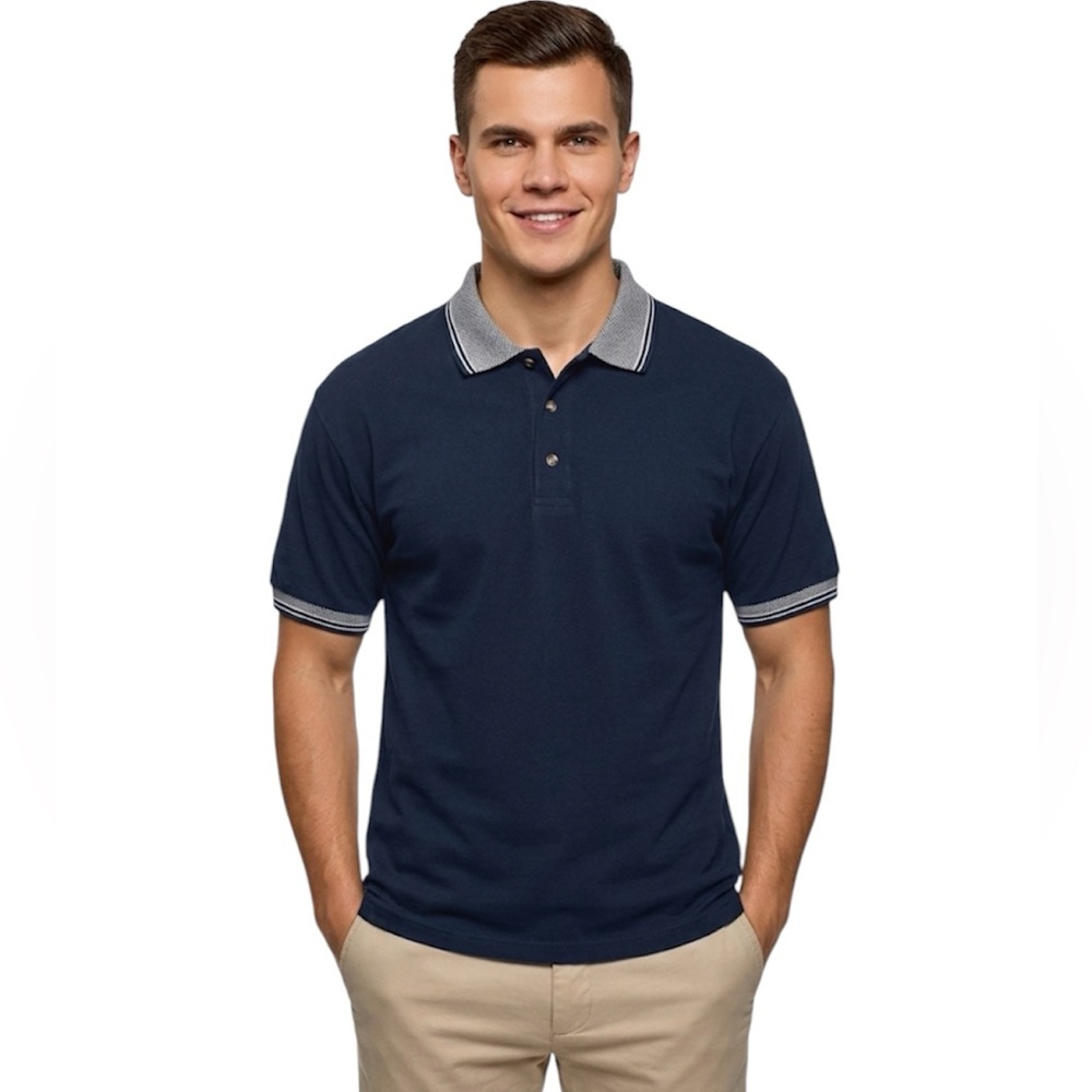 Gildan Cotton Men’s Navy Polo with Gray Contrast Collar and Sleeve Trim Large